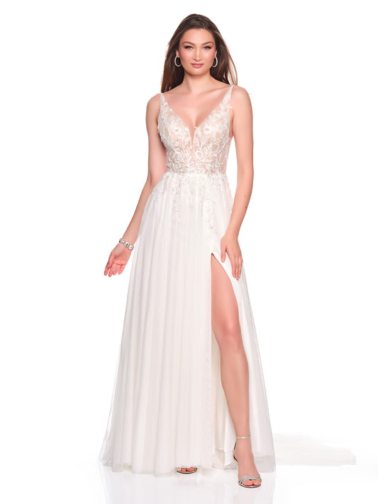 FLOWY DEEP V ILLUSION BODICE BRIDAL GOWN WITH FRONT SLIT