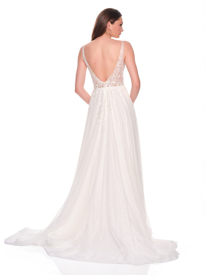 FLOWY DEEP V ILLUSION BODICE BRIDAL GOWN WITH FRONT SLIT