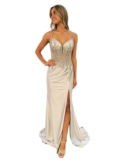 EMBELLISHED SWEETHEART NECK DRESS WITH SIDE SLIT