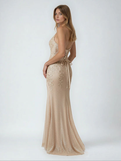 SHIMMER DRESS WITH EMBROIDERED APPLIQUES