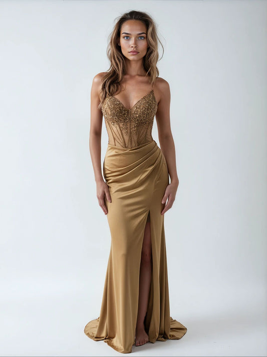 BEADED DRESS WITH ILLUSION BODICE