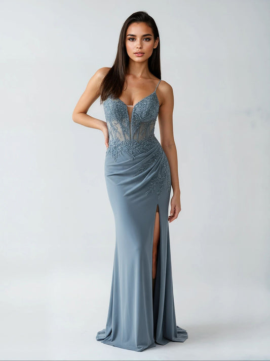 BEADED DRESS WITH ILLUSION BODICE AND BACK LACE UP
