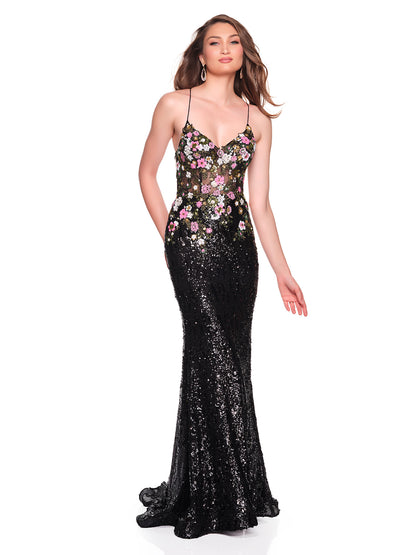 BLACK SEQUIN DRESS WITH FOLORAL SEQUIN DESIGN