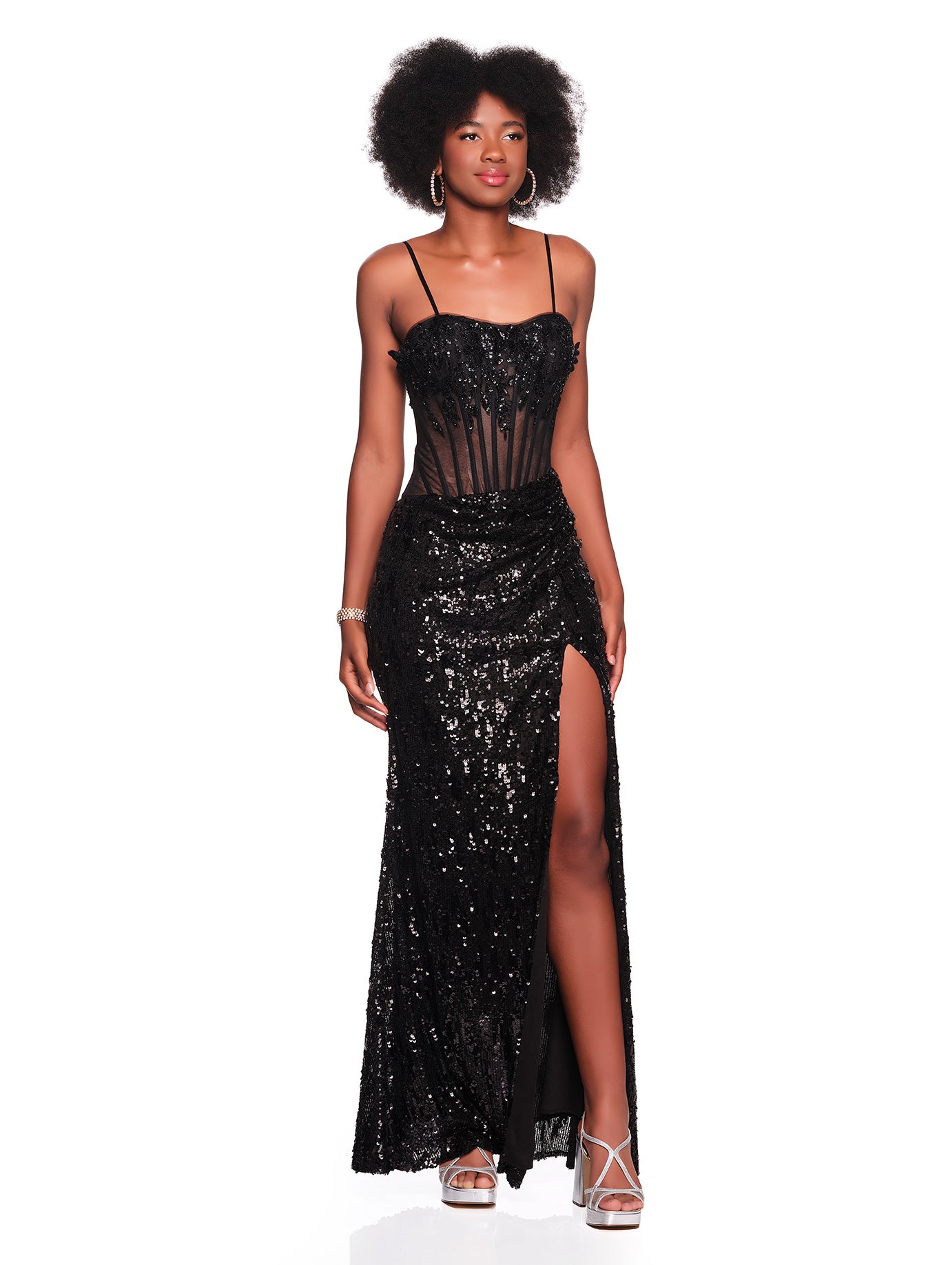 SEQUIN DRESS WITH SHEER STRUCTURED BODICE
