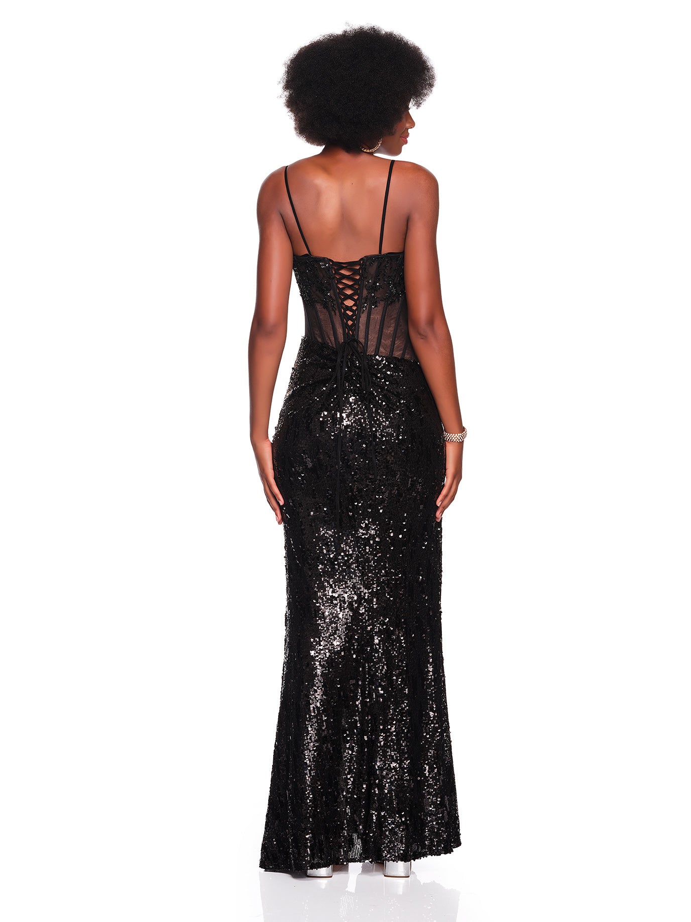SEQUIN DRESS WITH SHEER STRUCTURED BODICE