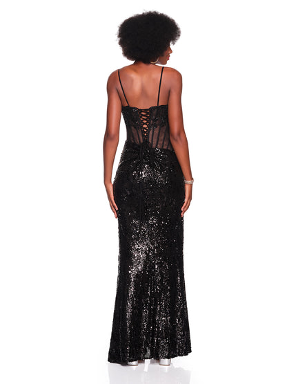 SEQUIN DRESS WITH SHEER STRUCTURED BODICE