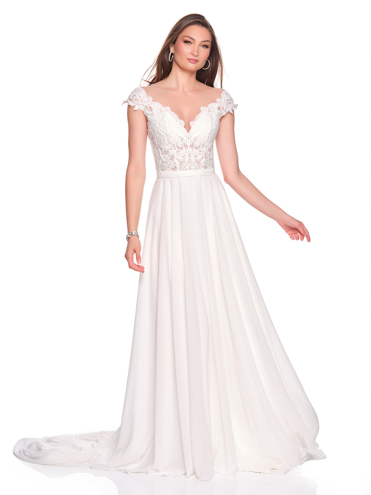 CAP SLEEVE LACE BRIDAL GOWN WITH FLOWY SKIRT – Dave & Johnny