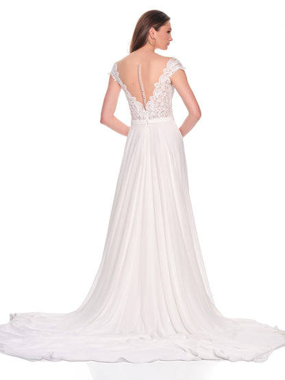CAP SLEEVE LACE BRIDAL GOWN WITH FLOWY SKIRT