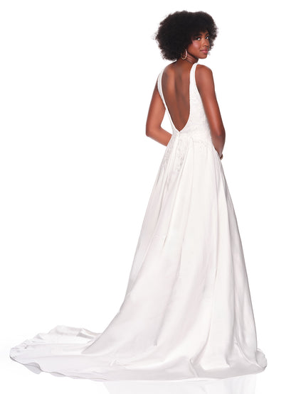 DEEP CUT OUT BACK SATIN BRIDAL DRESS WITH DEEP PLUNGE BODICE