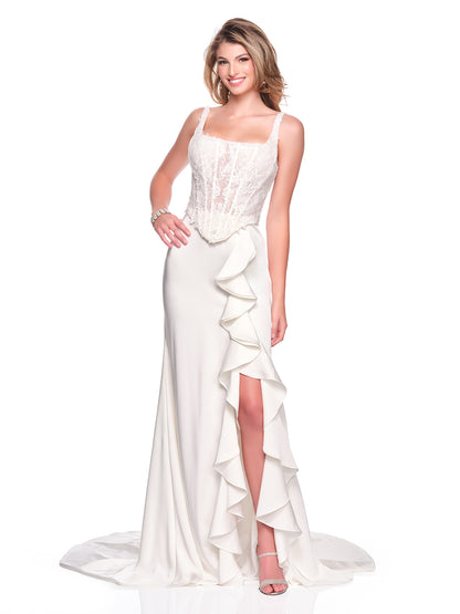 SQUARE NECK FITTED BRIDAL DRESS WITH CASCADING RUFFLE SLIT