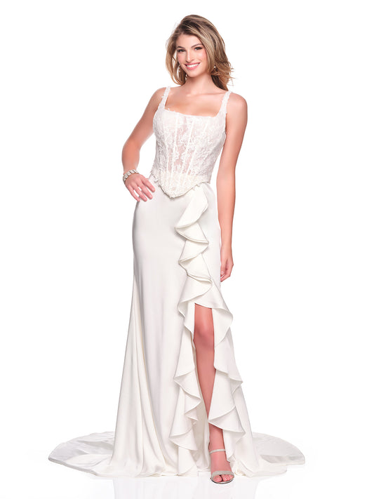 SQUARE NECK FITTED BRIDAL DRESS WITH CASCADING RUFFLE SLIT