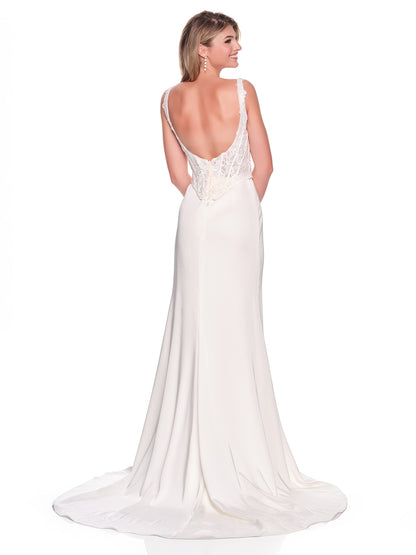 SQUARE NECK FITTED BRIDAL DRESS WITH CASCADING RUFFLE SLIT