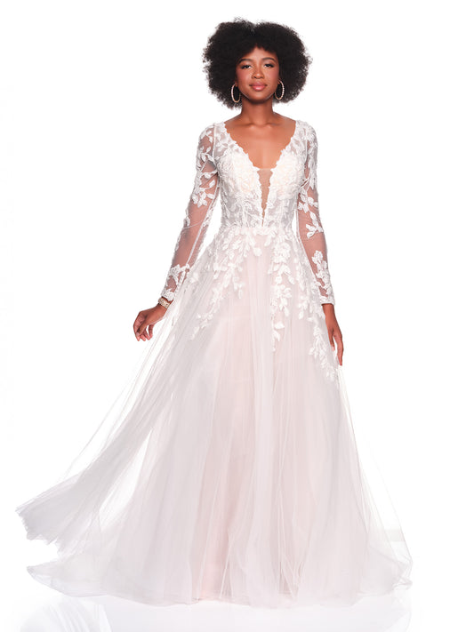SHEER LONG SLEEVE BALLGOWN BRIDAL GOWN WITH APPLIQUES