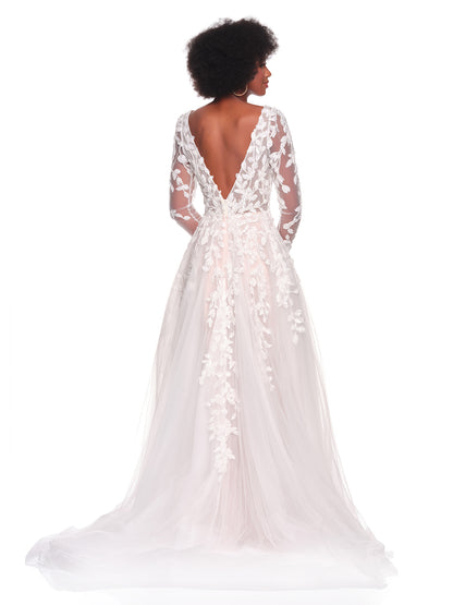 SHEER LONG SLEEVE BALLGOWN BRIDAL GOWN WITH APPLIQUES