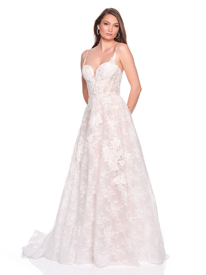 BEAUTIFUL OPEN BACK THIN STRAPS FULL SKIRT BRIDAL GOWN WITH APPLIQUES
