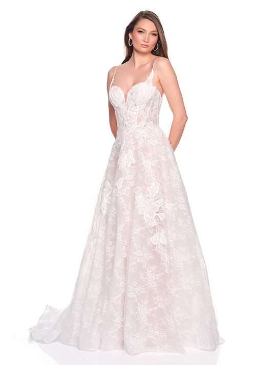 BEAUTIFUL OPEN BACK THIN STRAPS FULL SKIRT BRIDAL GOWN WITH APPLIQUES