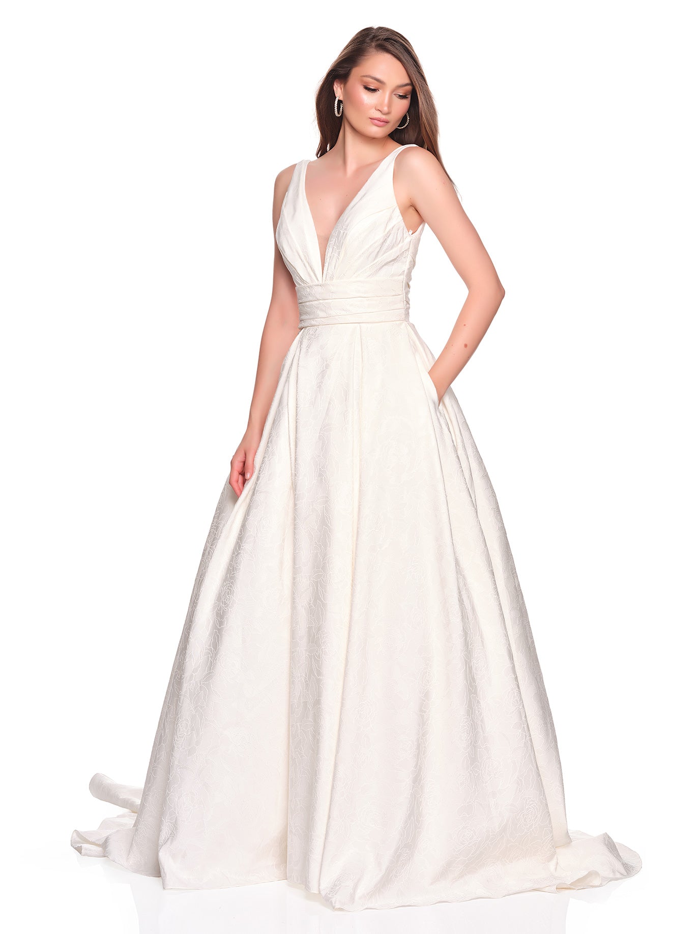 DEEP PLUNGE NECKLINE BROCADE BRIDAL GOWN