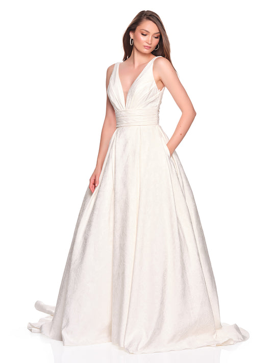 DEEP PLUNGE NECKLINE BROCADE BRIDAL GOWN