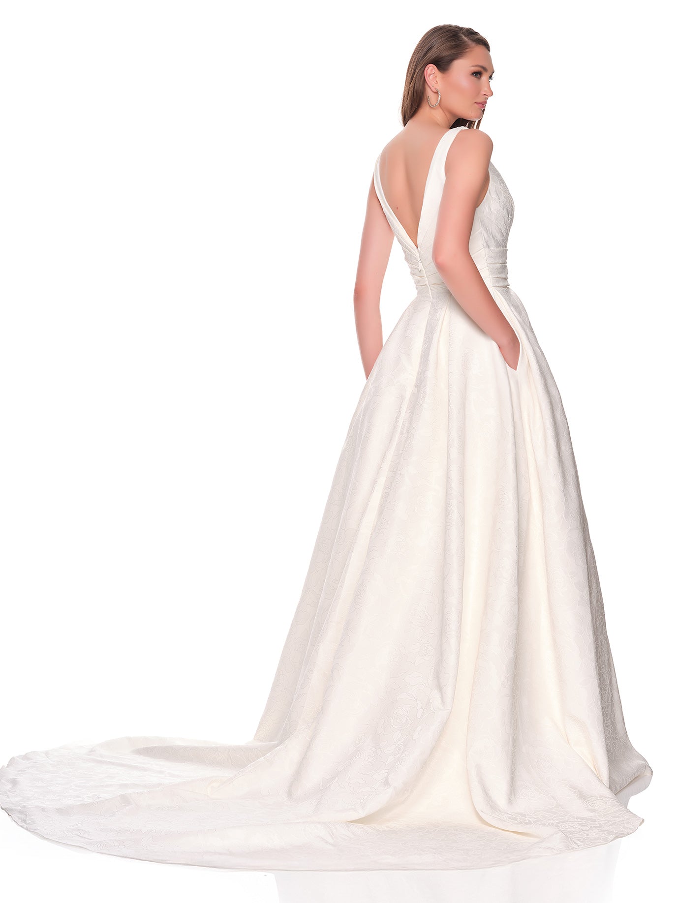 DEEP PLUNGE NECKLINE BROCADE BRIDAL GOWN