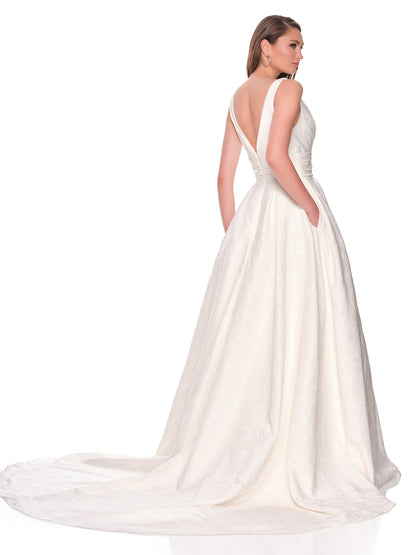 DEEP PLUNGE NECKLINE BROCADE BRIDAL GOWN
