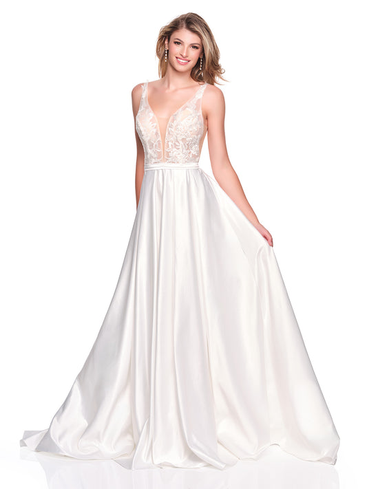 FLOWY A-LINE SATIN GOWN WITH ILLUSION BODICE