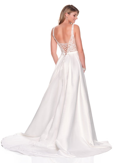 FLOWY A-LINE SATIN GOWN WITH ILLUSION BODICE
