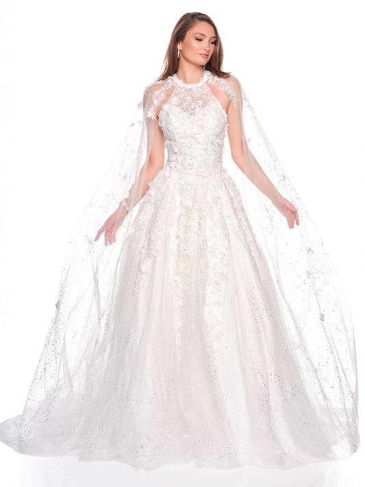 CAPED HIGH NECK BRIDAL BALLGOWN DRESS