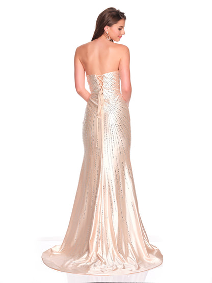 STRAPLESS BEADED GOWN WITH DEEP V ILLUSION PANEL