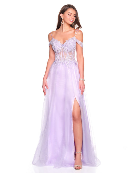 COLD SHOULDER DOUBLE STRAP GOWN WITH EMBROIDERED APPLIQUES