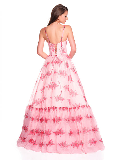 ALINE PRINTED BALLGOWN WITH RUFFLE DETAIL