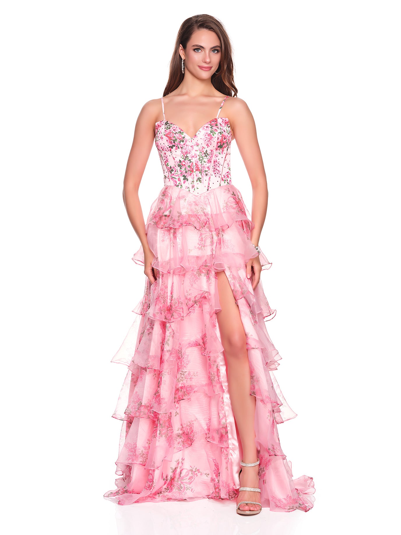 PRINTED TIERED DRESS WITH BASQUE WAISTLINE