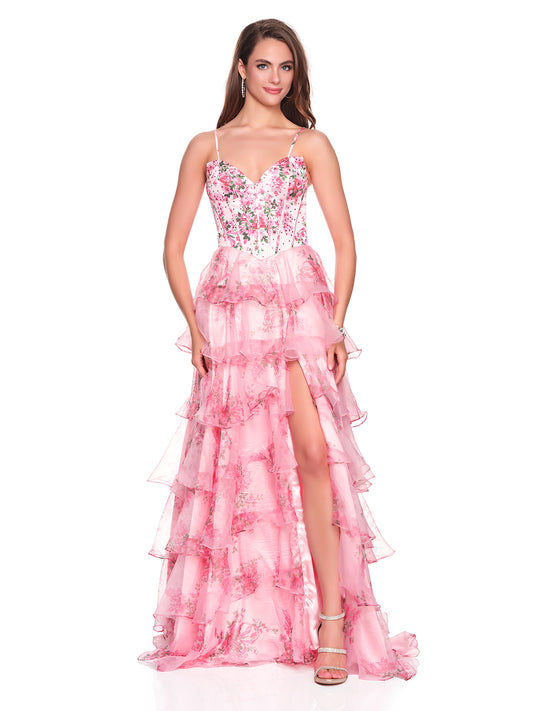 PRINTED TIERED DRESS WITH BASQUE WAISTLINE