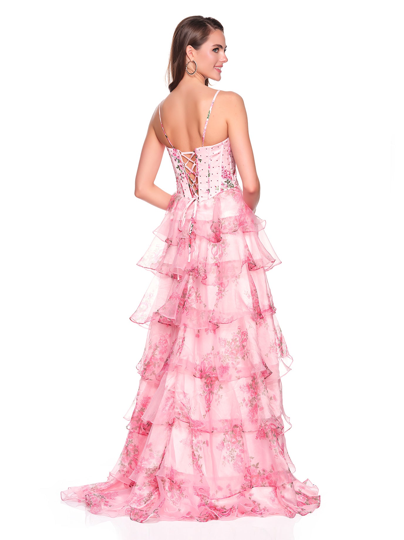 PRINTED TIERED DRESS WITH BASQUE WAISTLINE