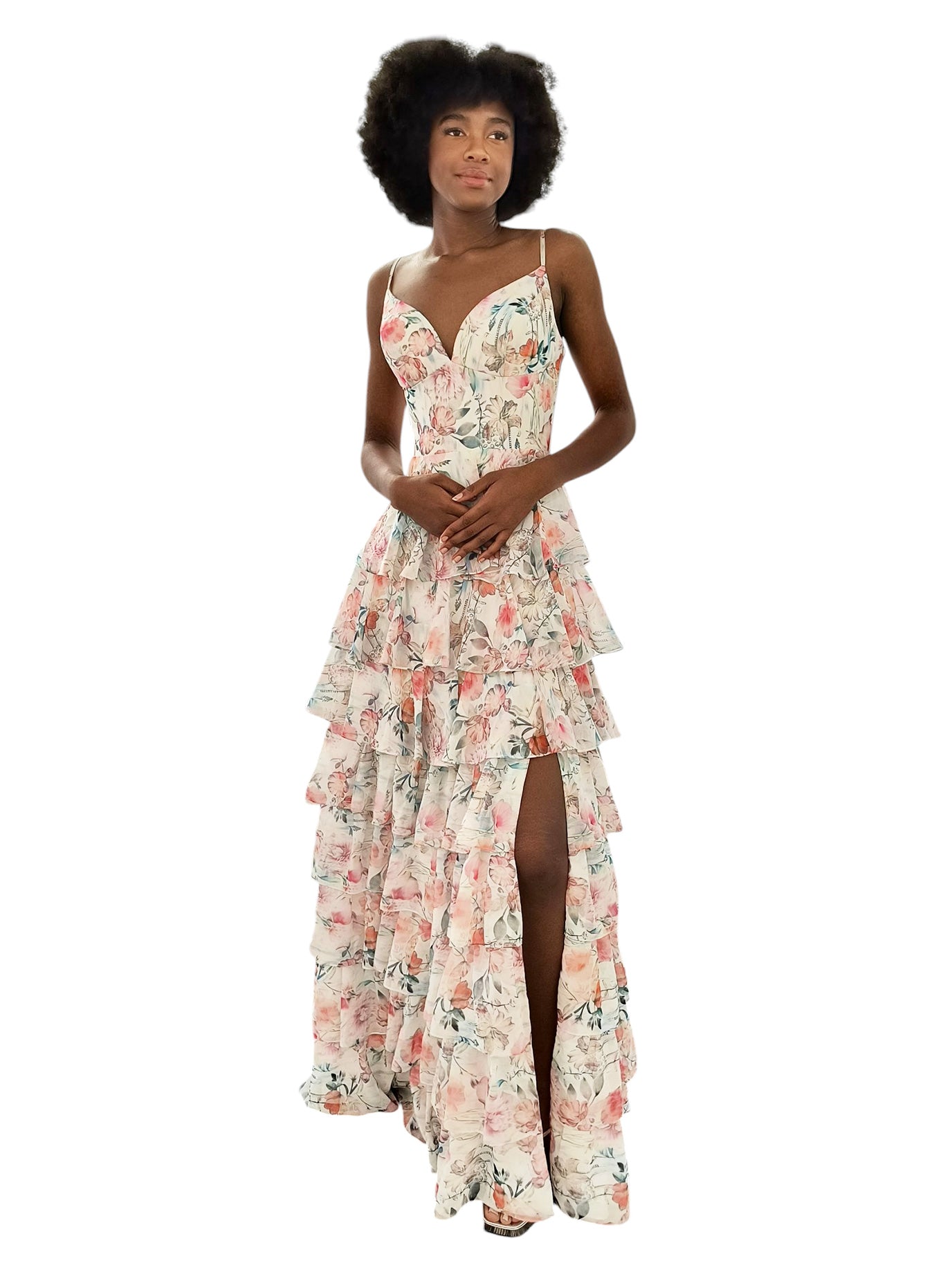 WHITE FLORAL PRINTED TIERED DRESS