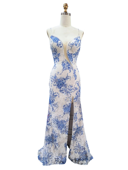 PRINTED LACE DRESS WITH ASYMETRICAL DEEP V NECKLINE