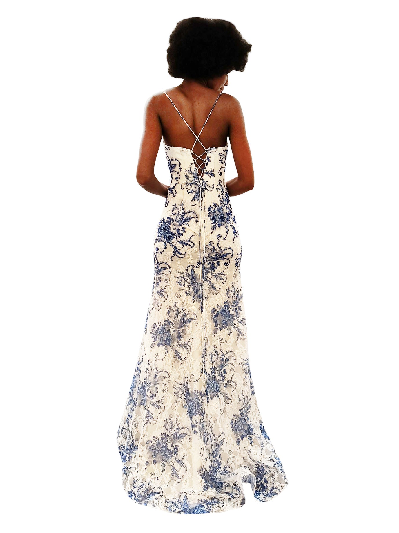 PRINTED LACE DRESS WITH CRISSCROSS BACK LACE UP