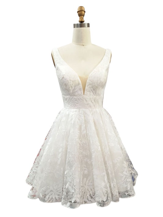 SHORT DEEP V EMBROIDERED BRIDAL DRESS WITH FULL SKIRT