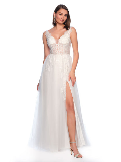 THICK STRAP LACE PLUNGE OPEN LEG WEDDING GOWN - Dave & Johnny THICK STRAP LACE PLUNGE OPEN LEG WEDDING GOWN - Dave & Johnny