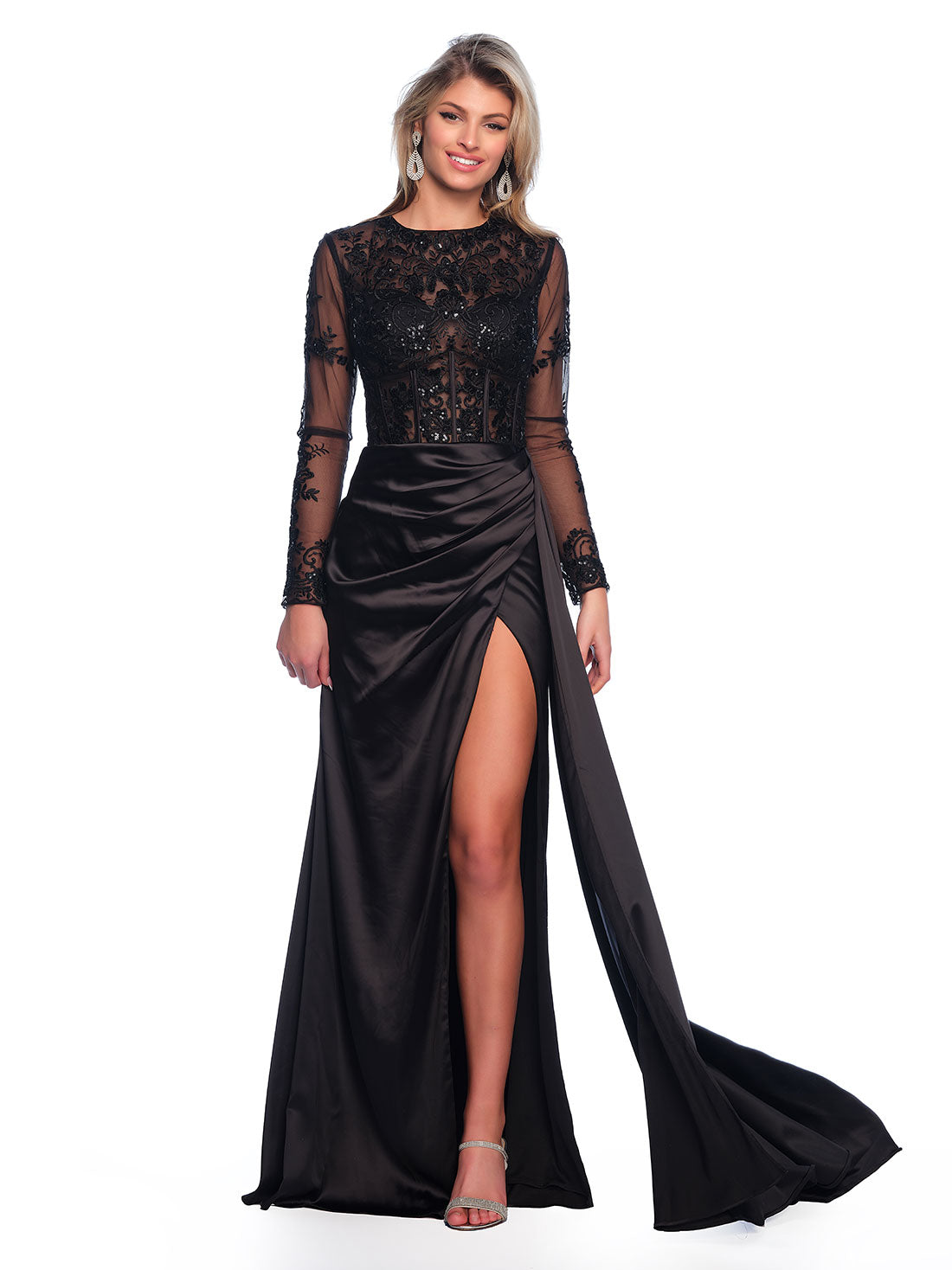 LONG SLEEVE GOWN WITH SEQUIN DETAIL AND FITTED SKIRT