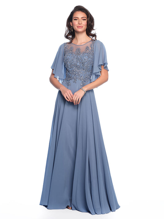 BEADED CHIFFON DRESS WITH FLOUNCE SLEEVE