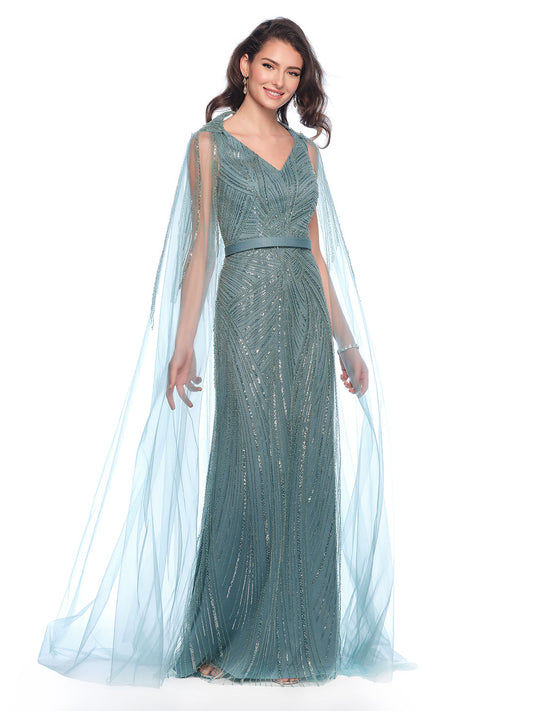 FITTED BEADED DRESS WITH DETACHABLE CAPE