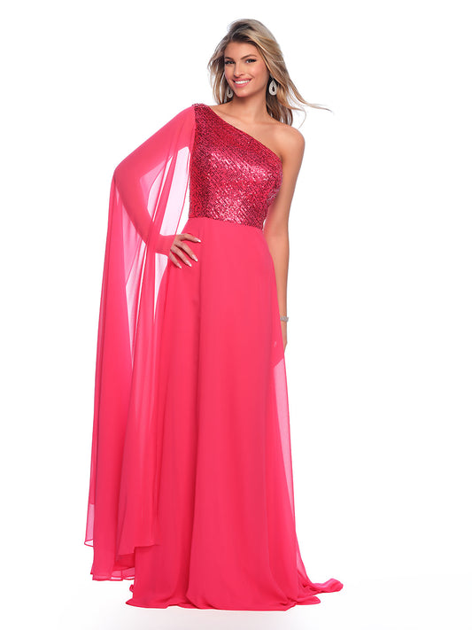 ONE SHOULDER SEQUIN CHIFFON DRESS AND SASH SLEEVE