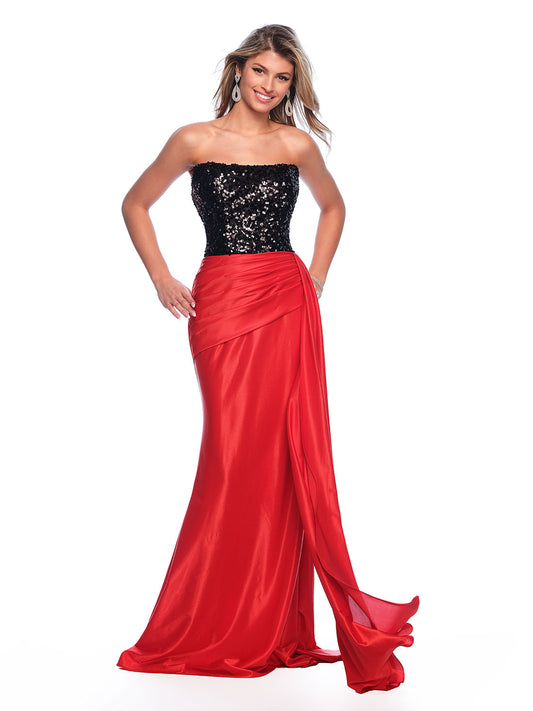 SEQUINS BODICE WITH FITTED SHINY JERSEY SKIRT SIDE SASH