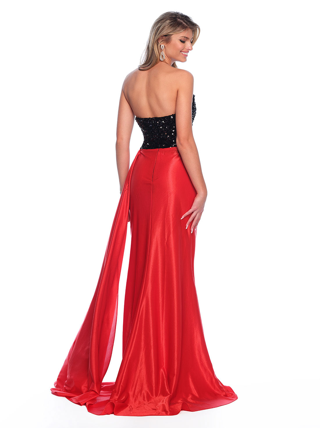 SEQUINS BODICE WITH FITTED SHINY JERSEY SKIRT SIDE SASH