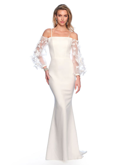 FITTED GOWN WITH SHEER SLEEVES AND 3D APPLIQUES