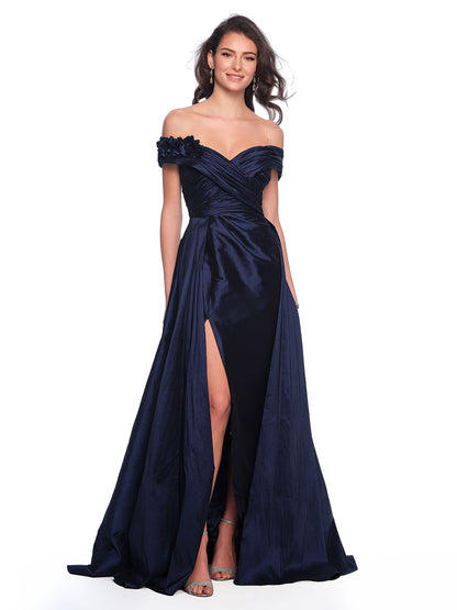 OFF SHOULDER TAFFETA DRESS WITH OVERLAY SKIRT