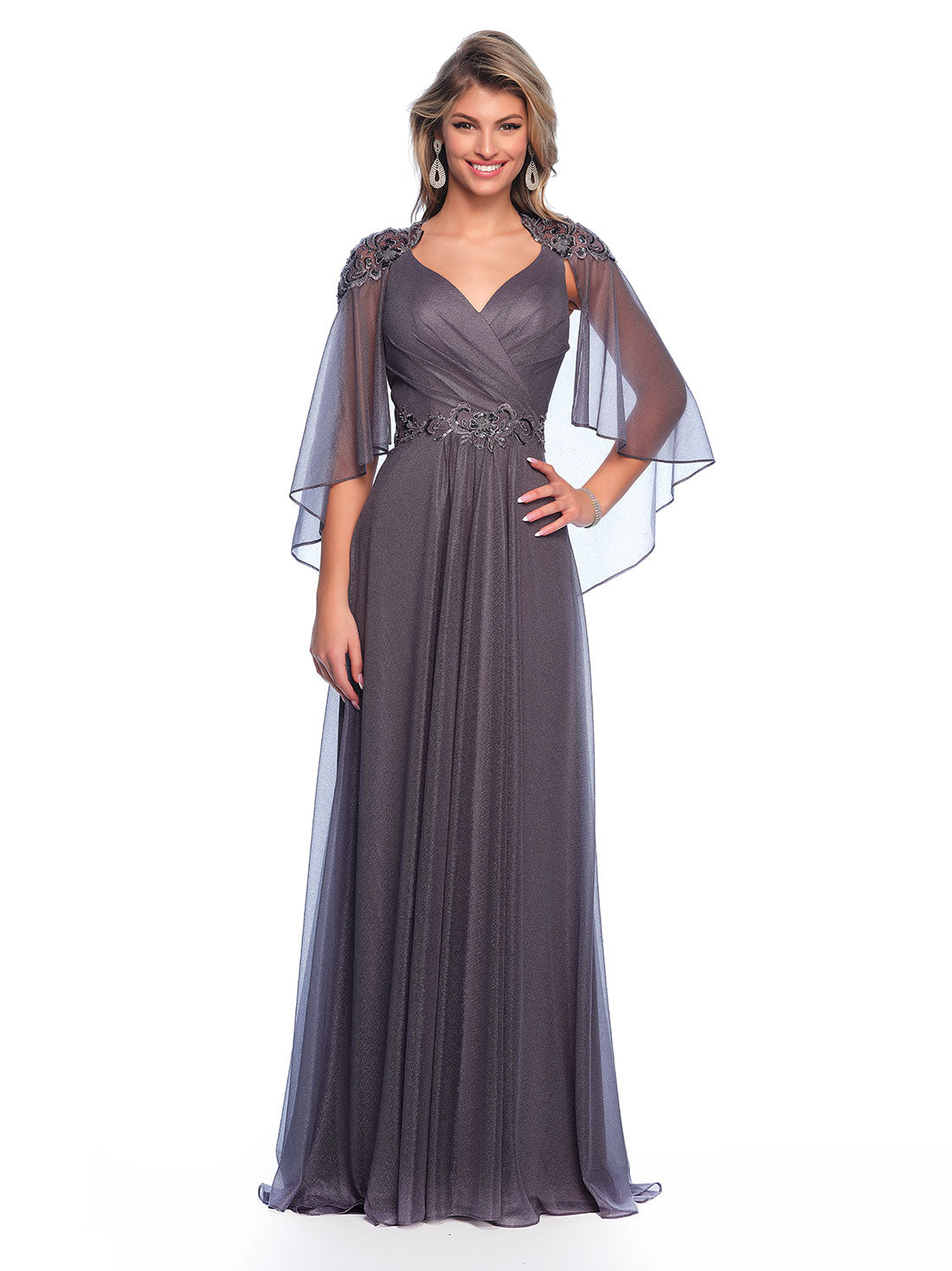 DRAPEY CAPE DRESS WITH SEQUINS APPLIQUES