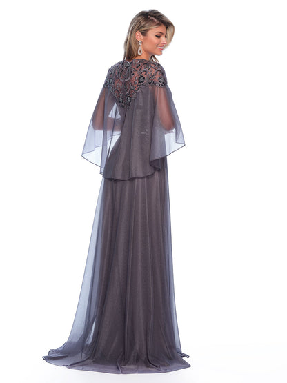 DRAPEY CAPE DRESS WITH SEQUINS APPLIQUES