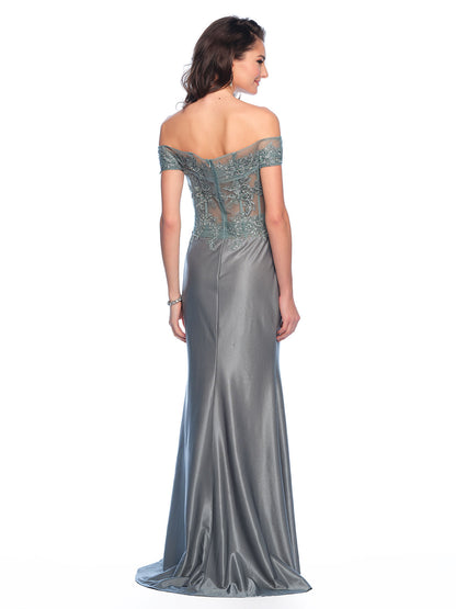 FITTED OFF SHOULDER SHINY STRETCH JERSEY GOWN