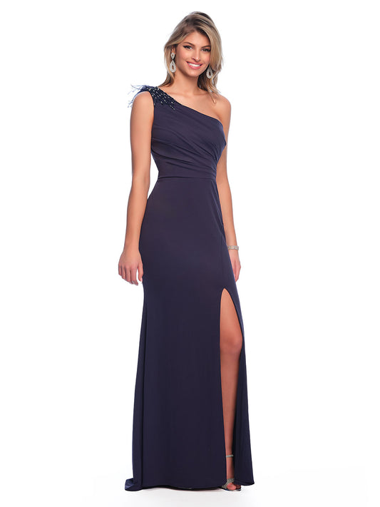 ONE SHOULDER JERSEY GOWN WITH FEATHER DETAIL